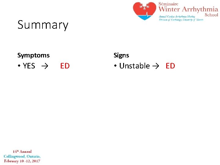 Summary Symptoms • YES → Signs ED • Unstable → ED 
