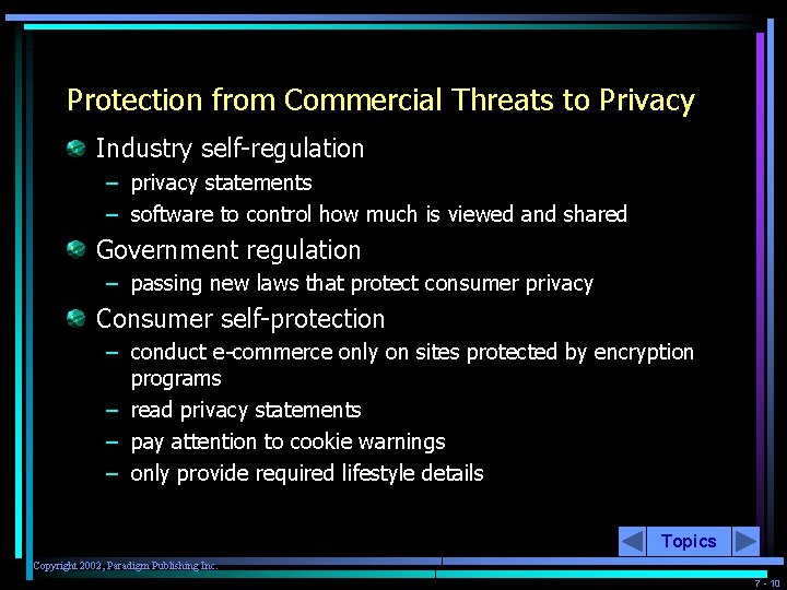 Protection from Commercial Threats to Privacy Industry self-regulation – privacy statements – software to