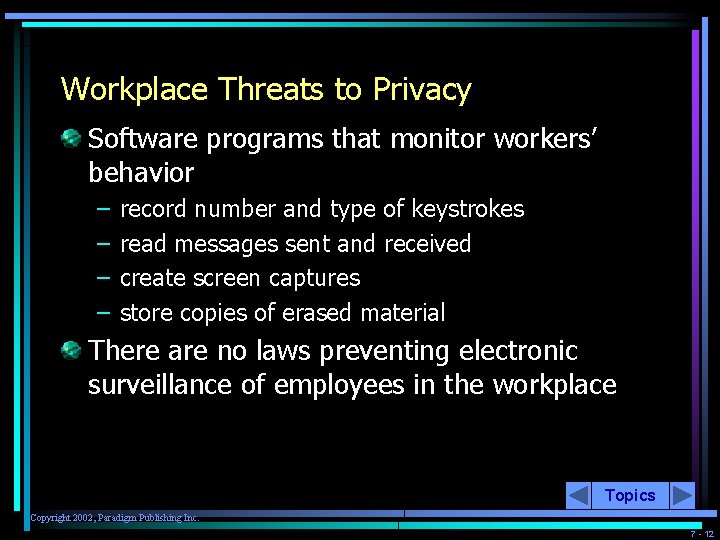 Workplace Threats to Privacy Software programs that monitor workers’ behavior – – record number
