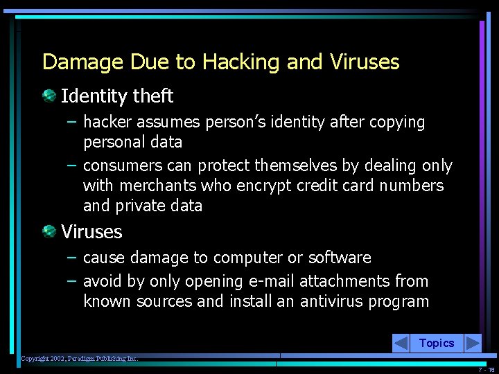 Damage Due to Hacking and Viruses Identity theft – hacker assumes person’s identity after