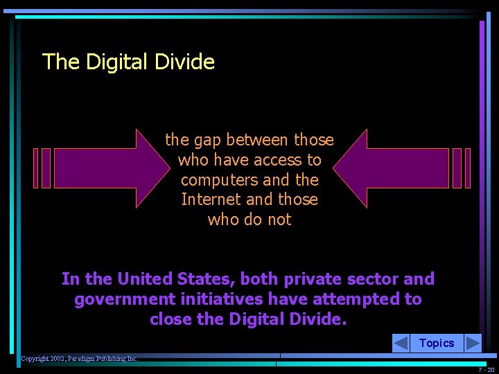 The Digital Divide the gap between those who have access to computers and the