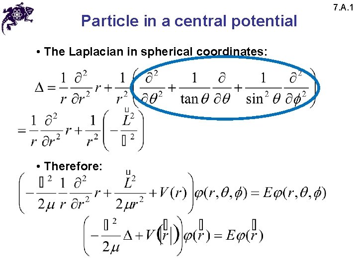 Particle in a central potential • The Laplacian in spherical coordinates: • Therefore: 7.