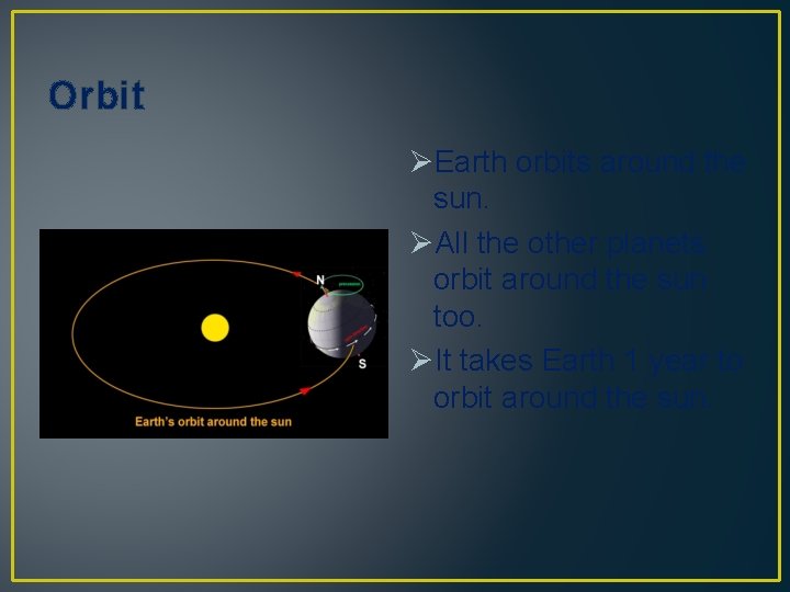 Orbit ØEarth orbits around the sun. ØAll the other planets orbit around the sun