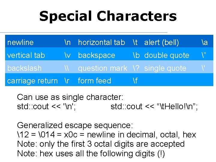 Special Characters newline n horizontal tab t alert (bell) a vertical tab v backspace