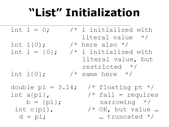 “List” Initialization int i = 0; int i(0); int i = {0}; int i{0};
