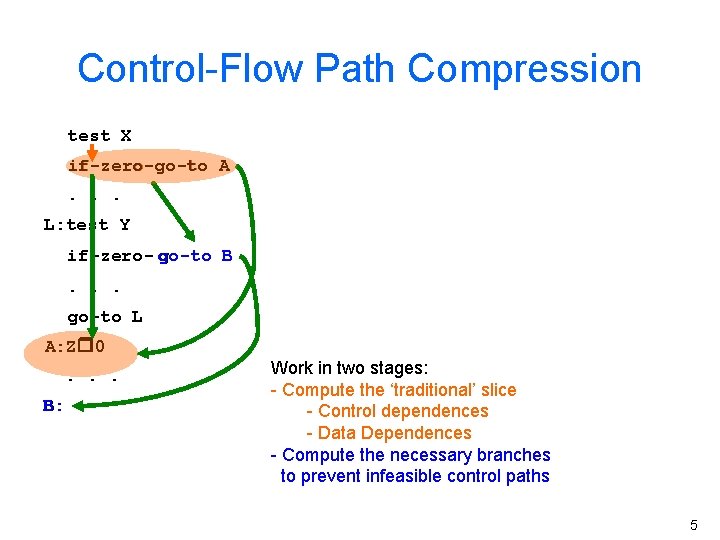 Control-Flow Path Compression test X if-zero-go-to A. . . L: test Y if-zero- go-to