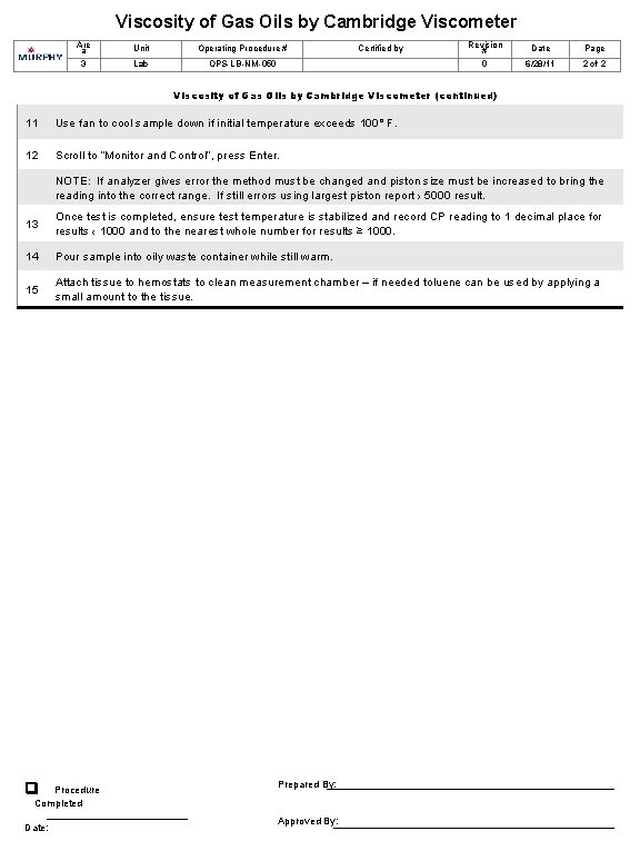 Viscosity of Gas Oils by Cambridge Viscometer Are a Unit Operating Procedure # 3