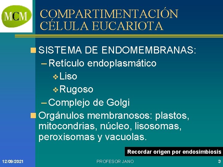 COMPARTIMENTACIÓN CÉLULA EUCARIOTA n SISTEMA DE ENDOMEMBRANAS: – Retículo endoplasmático v. Liso v. Rugoso