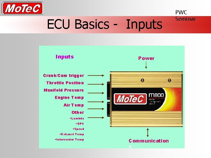 ECU Basics - Inputs Power Crank/Cam trigger Throttle Position Manifold Pressure Engine Temp Air