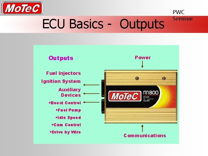 ECU Basics - Outputs Power Fuel injectors Ignition System Auxiliary Devices • Boost Control