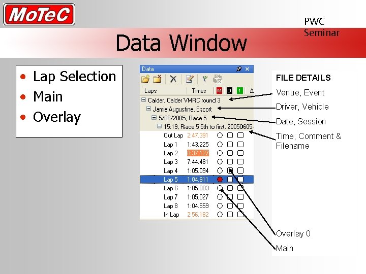 PWC Seminar Data Window • Lap Selection • Main • Overlay FILE DETAILS Venue,