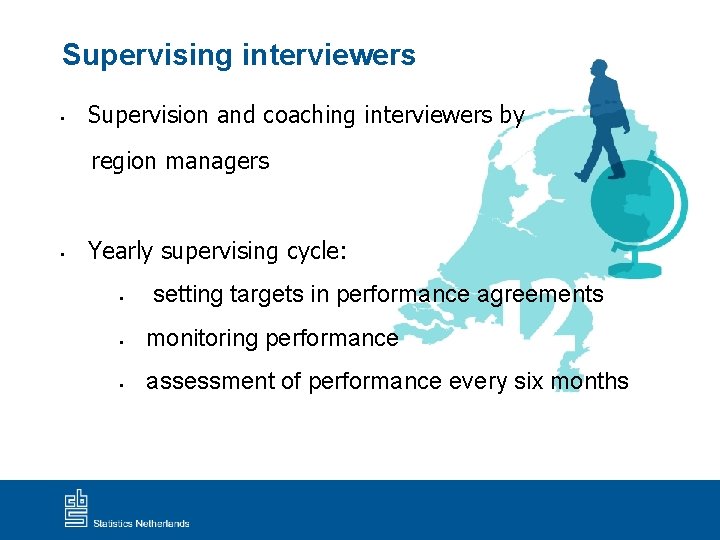 Supervising interviewers • Supervision and coaching interviewers by region managers • Yearly supervising cycle: