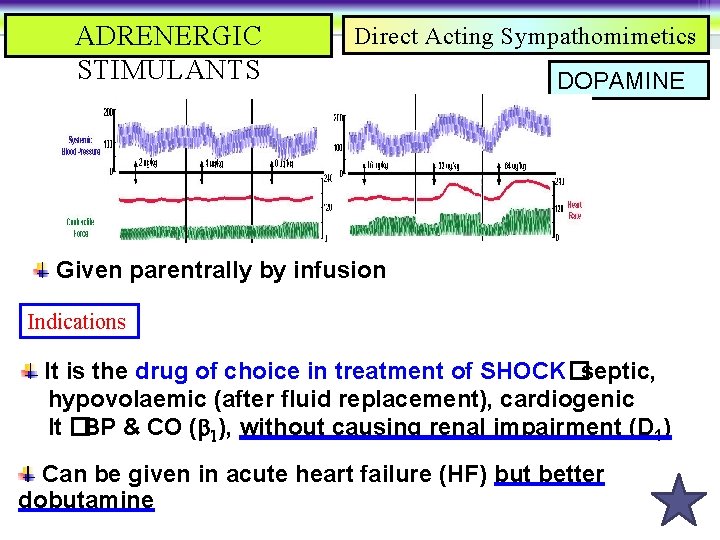 ADRENERGIC STIMULANTS Direct Acting Sympathomimetics DOPAMINE Given parentrally by infusion Indications It is the