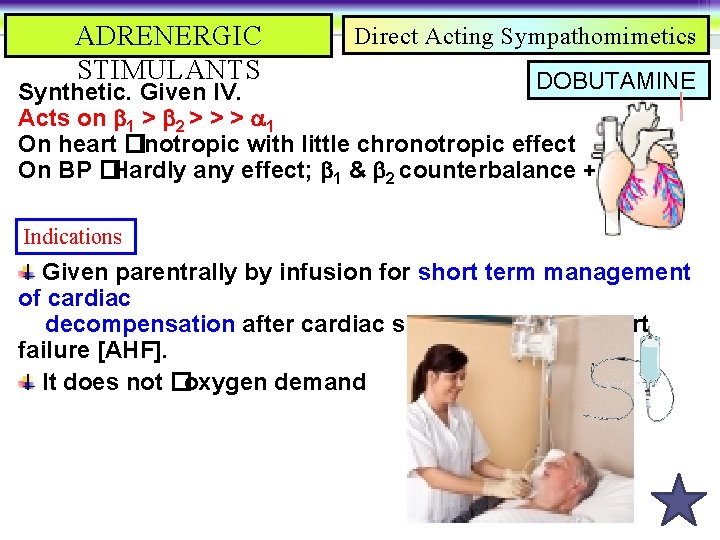 ADRENERGIC STIMULANTS Direct Acting Sympathomimetics DOBUTAMINE Synthetic. Given IV. Acts on 1 > 2