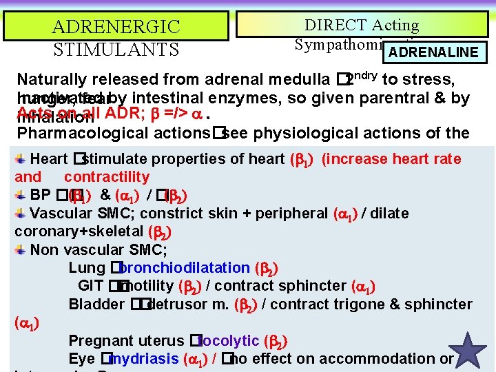 ADRENERGIC STIMULANTS DIRECT Acting Sympathomimetics ADRENALINE Naturally released from adrenal medulla � 2 ndry