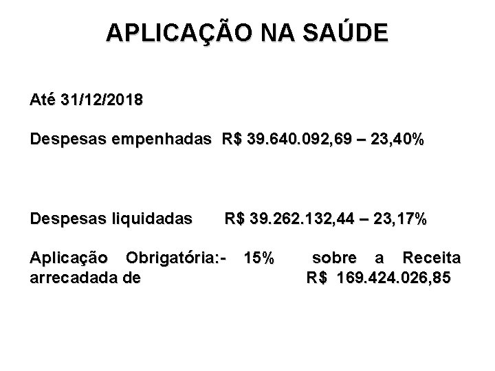 APLICAÇÃO NA SAÚDE Até 31/12/2018 Despesas empenhadas R$ 39. 640. 092, 69 – 23,