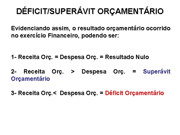 DÉFICIT/SUPERÁVIT ORÇAMENTÁRIO Evidenciando assim, o resultado orçamentário ocorrido no exercício Financeiro, podendo ser: 1