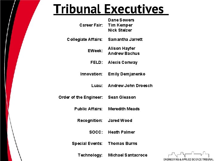 Tribunal Executives Career Fair: Collegiate Affairs: EWeek: FELD: Innovation: Luau: Order of the Engineer: