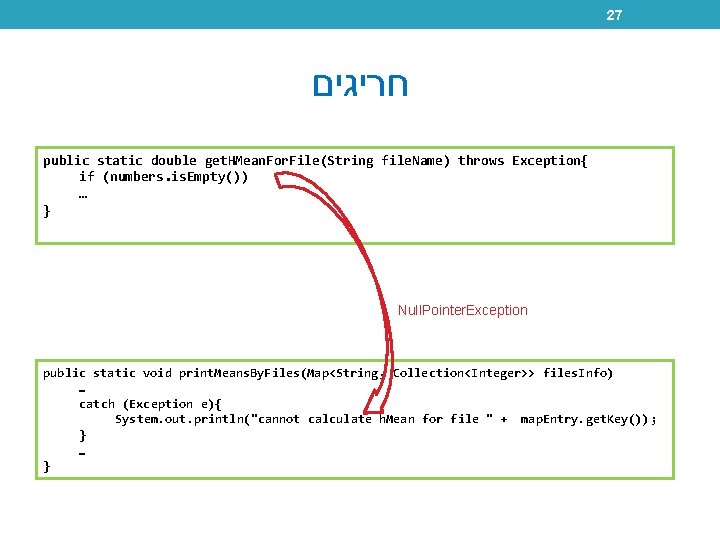 27 חריגים public static double get. HMean. For. File(String file. Name) throws Exception{ if