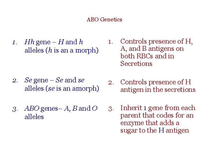 ABO Genetics 1. Hh gene – H and h alleles (h is an a