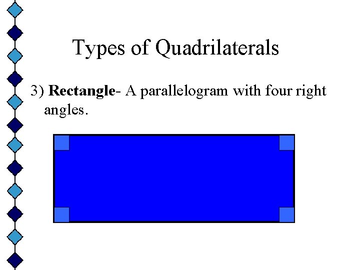 Types of Quadrilaterals 3) Rectangle- A parallelogram with four right angles. 