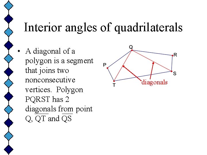 Interior angles of quadrilaterals • A diagonal of a polygon is a segment that