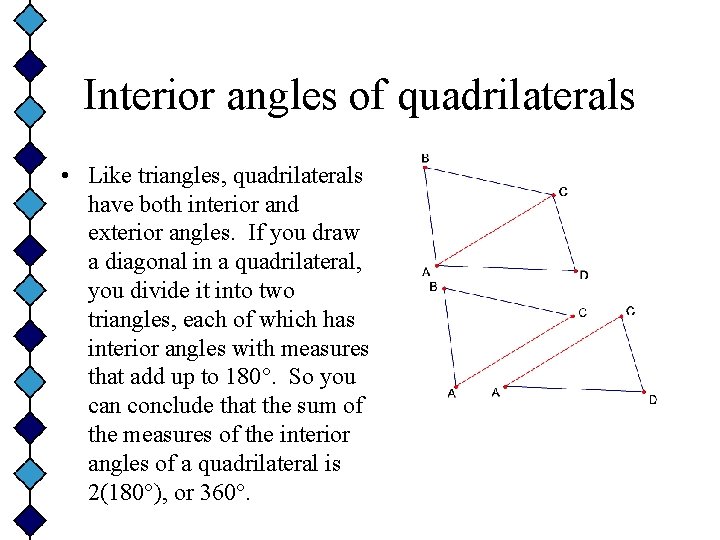 Interior angles of quadrilaterals • Like triangles, quadrilaterals have both interior and exterior angles.