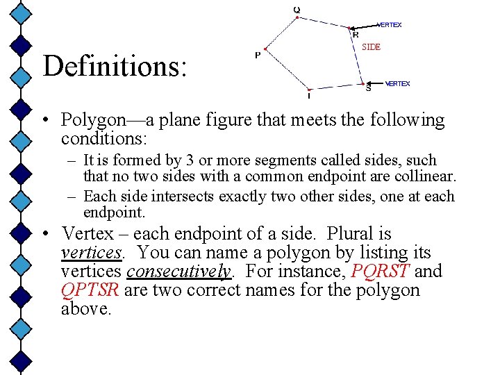 Definitions: SIDE • Polygon—a plane figure that meets the following conditions: – It is