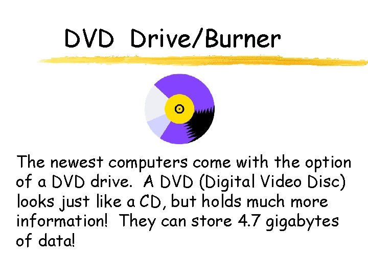 DVD Drive/Burner The newest computers come with the option of a DVD drive. A