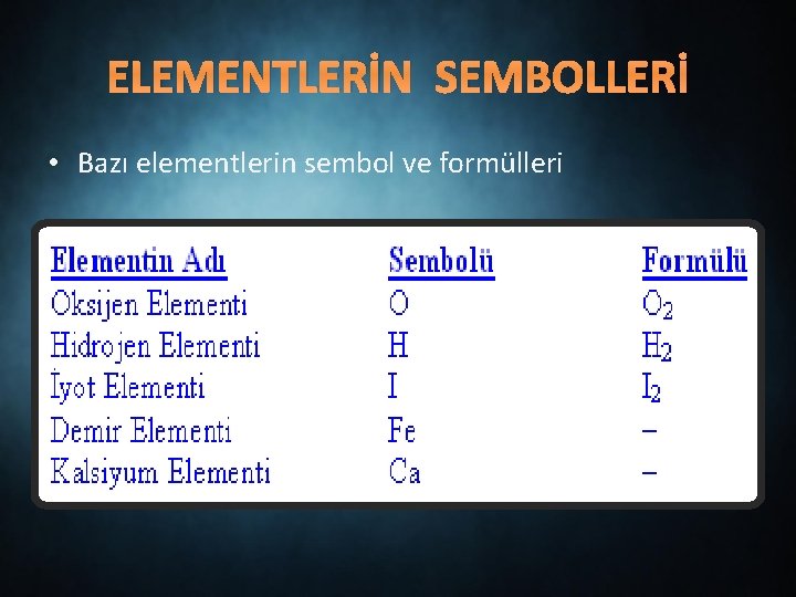 ELEMENTLERİN SEMBOLLERİ • Bazı elementlerin sembol ve formülleri 