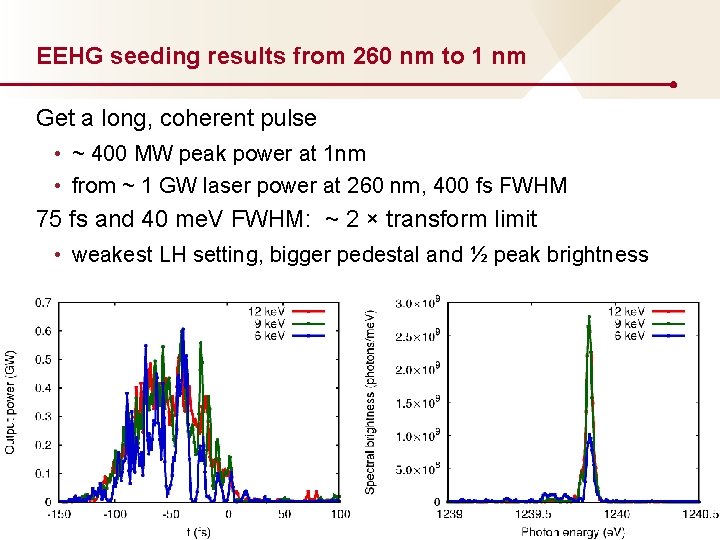 EEHG seeding results from 260 nm to 1 nm Get a long, coherent pulse