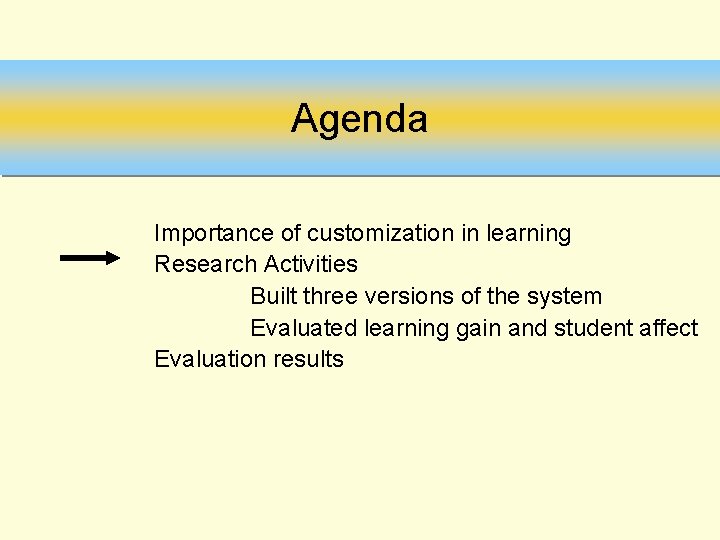 Agenda Importance of customization in learning Research Activities Built three versions of the system