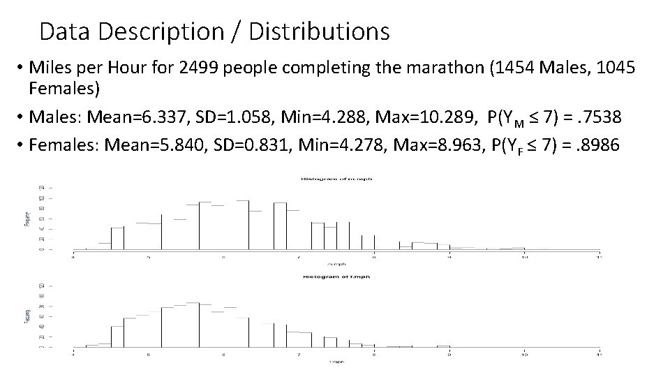Data Description / Distributions • Miles per Hour for 2499 people completing the marathon