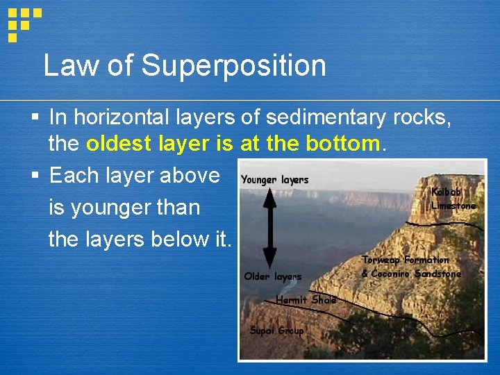 Law of Superposition § In horizontal layers of sedimentary rocks, the oldest layer is
