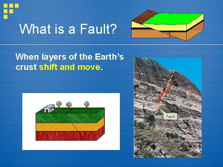 What is a Fault? When layers of the Earth’s crust shift and move. 