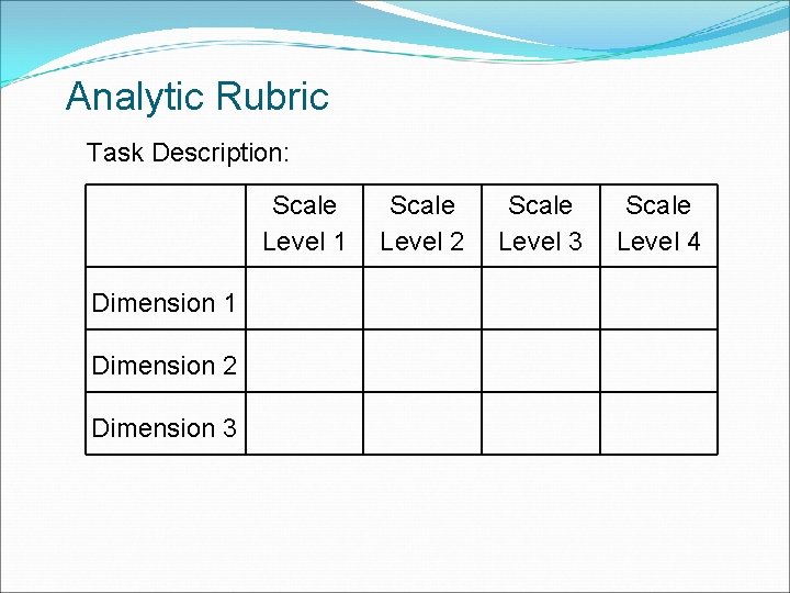 Analytic Rubric Task Description: Scale Level 1 Dimension 2 Dimension 3 Scale Level 2