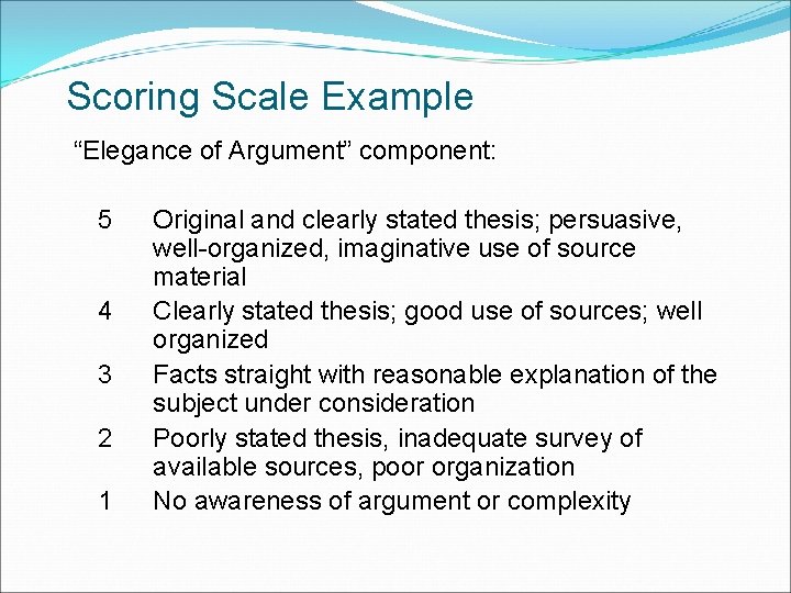 Scoring Scale Example “Elegance of Argument” component: 5 4 3 2 1 Original and