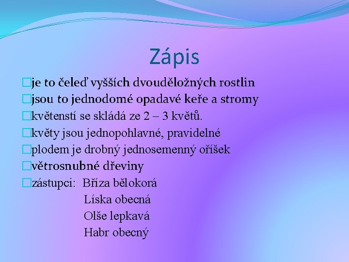 Zápis �je to čeleď vyšších dvouděložných rostlin �jsou to jednodomé opadavé keře a stromy Zápis �je to čeleď vyšších dvouděložných rostlin �jsou to jednodomé opadavé keře a stromy