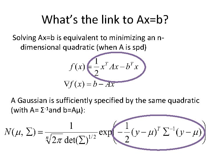 What’s the link to Ax=b? Solving Ax=b is equivalent to minimizing an ndimensional quadratic