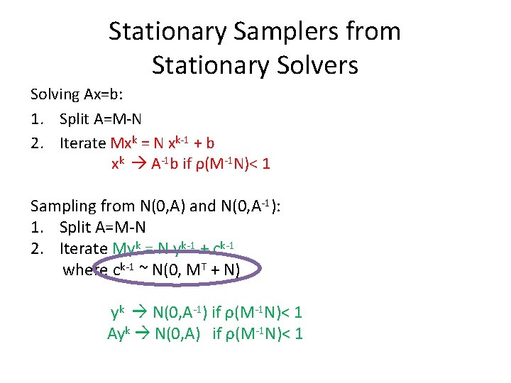 Stationary Samplers from Stationary Solvers Solving Ax=b: 1. Split A=M-N 2. Iterate Mxk =
