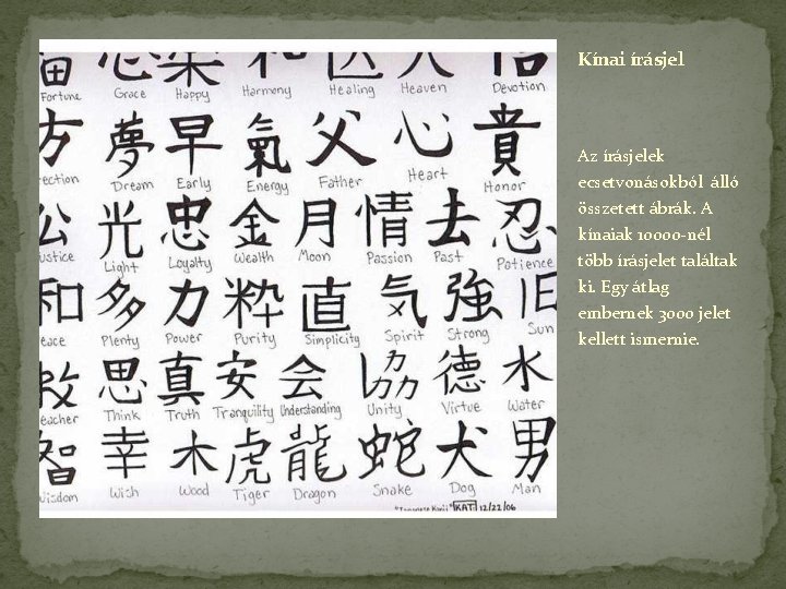 Kínai írásjel Az írásjelek ecsetvonásokból álló összetett ábrák. A kínaiak 10000 -nél több írásjelet