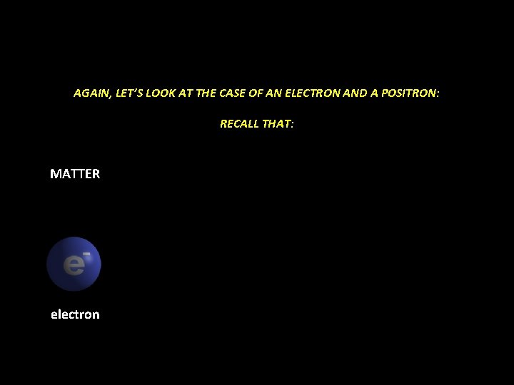 AGAIN, LET’S LOOK AT THE CASE OF AN ELECTRON AND A POSITRON: RECALL THAT: