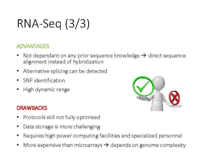 RNA-Seq (3/3) ADVANTAGES • Not dependant on any prior sequence knowledge direct sequence alignment