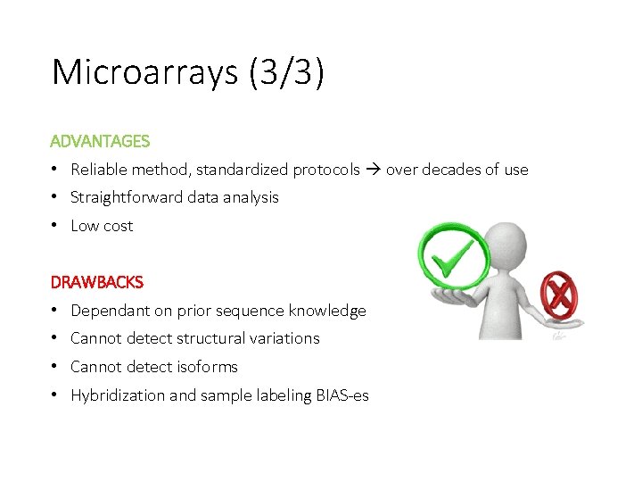 Microarrays (3/3) ADVANTAGES • Reliable method, standardized protocols over decades of use • Straightforward