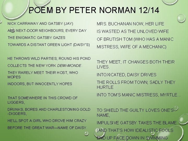 POEM BY PETER NORMAN 12/14 NICK CARRAWAY AND GATSBY (JAY) MRS. BUCHANAN NOW, HER