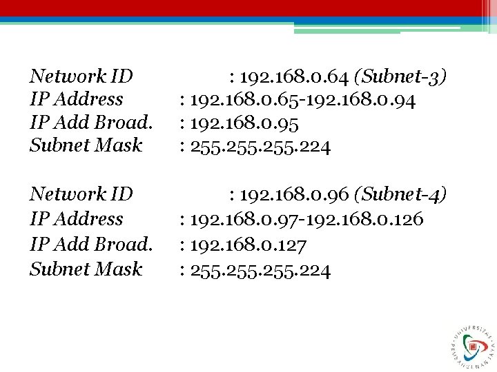 Network ID IP Address IP Add Broad. Subnet Mask : 192. 168. 0. 64