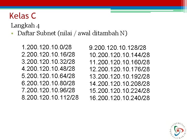 Kelas C Langkah 4 • Daftar Subnet (nilai / awal ditambah N) 1. 200.