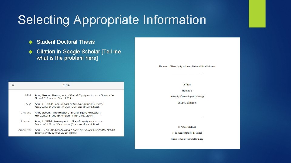 Selecting Appropriate Information Student Doctoral Thesis Citation in Google Scholar [Tell me what is