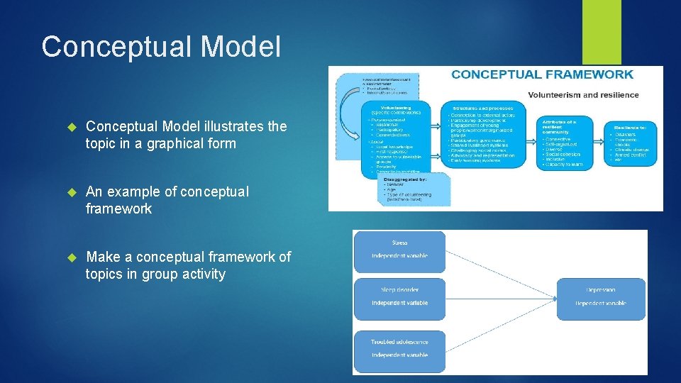 Conceptual Model illustrates the topic in a graphical form An example of conceptual framework