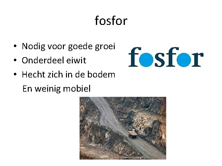 fosfor • Nodig voor goede groei • Onderdeel eiwit • Hecht zich in de